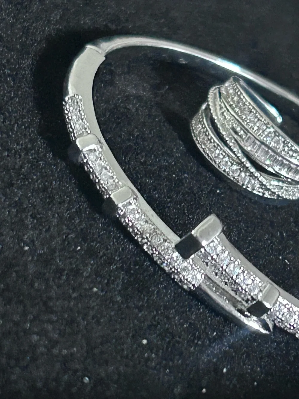 Elegant Silver-Tone Pave Crystal Bracelet and Ring Set